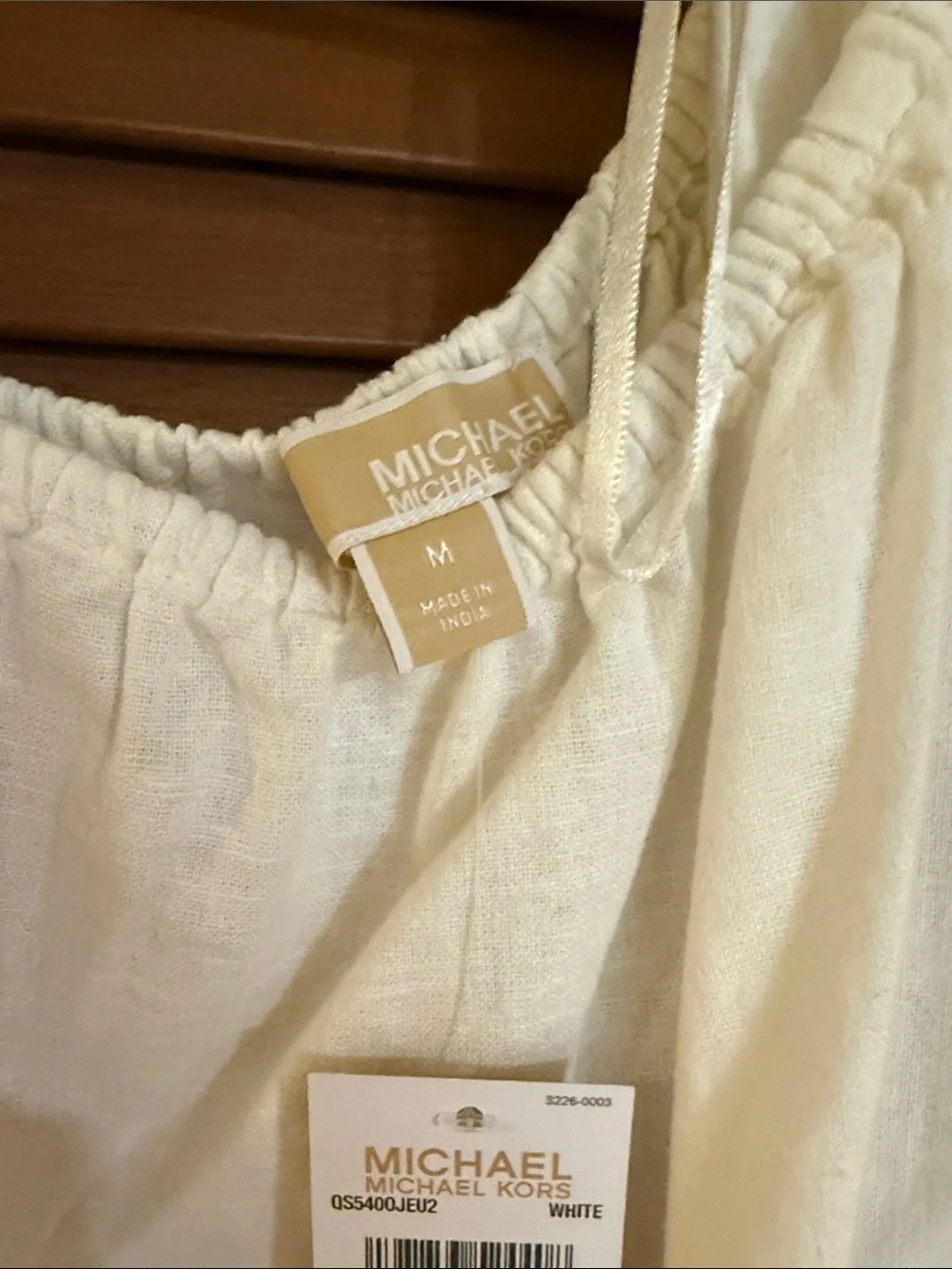Michael Kors Linen Blend Off-Shoulder Peasant Tunic with Tie Sleeves